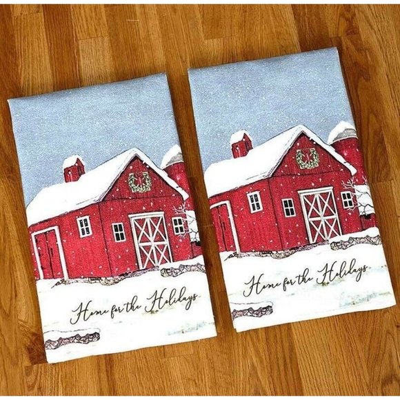 Country Home for the Holidays Kitchen Tea Towels 2-Pc Red Barn Christmas Wreath - Picture 1 of 2